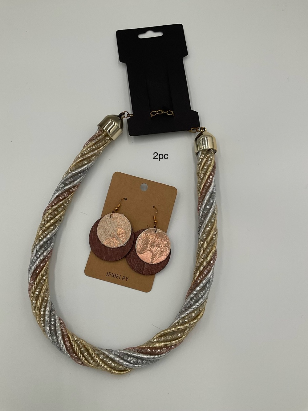 Multi-Tone Twisted Rope Necklace & Earrings Set - Gold, Silver, Rose Gold